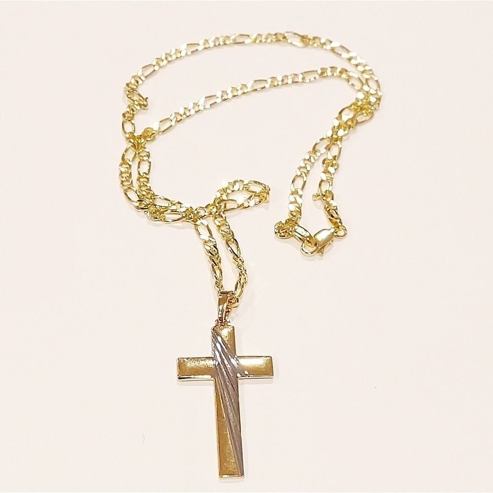Men's Gold Plated Figaro Link Chain w/Cross pendant
